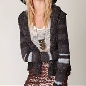 Free People Women’s Wool Alpaca Chunky Knit Sweater Cardigan Gray Striped Medium